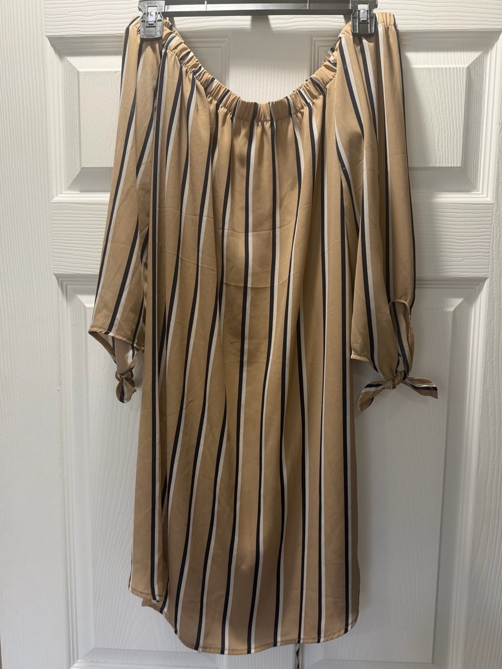 Rue21 Tan and Black Striped Off-Shoulder Dress